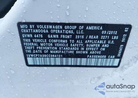 2012 Volkswagen Passat 2.5L Sel from USA, damaged, VIN 1VWCP7A38CC064121